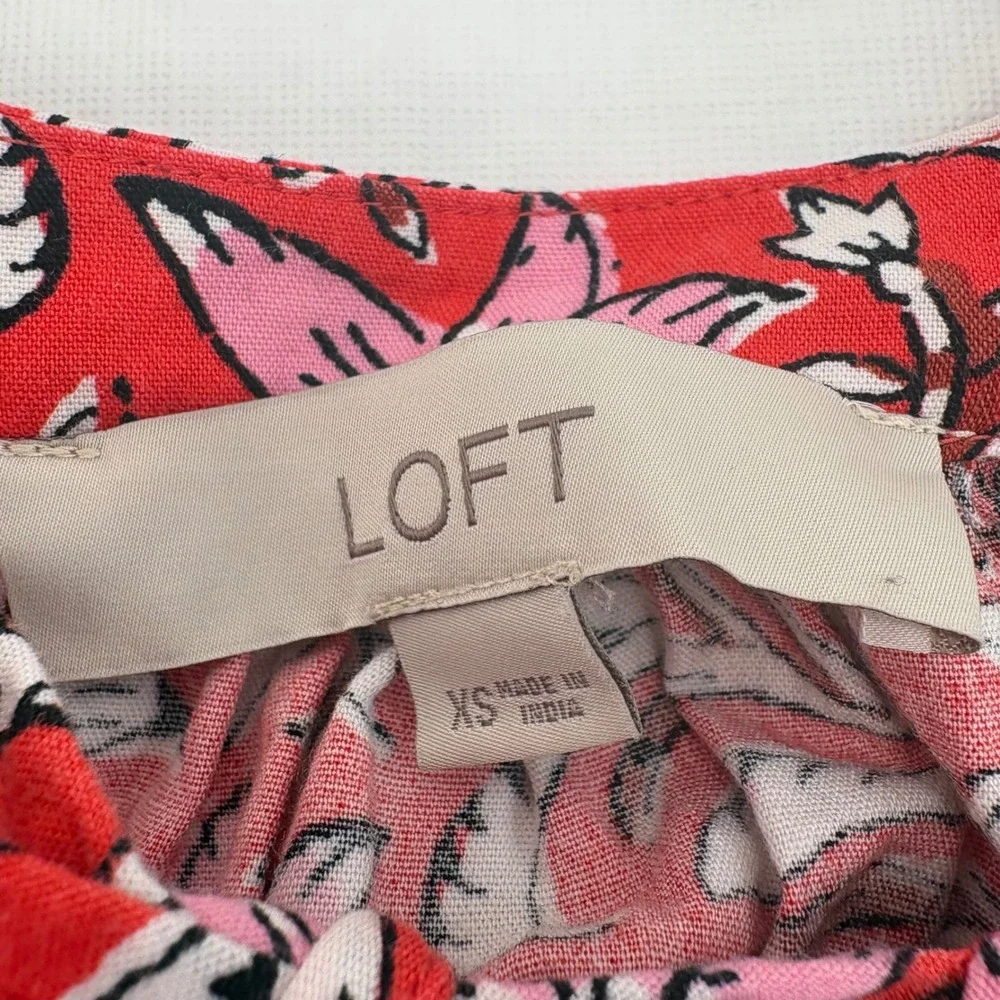 LOFT Womens XS Red Floral Split Neck Puff Sleeve Cotton Rayon Blouse Top